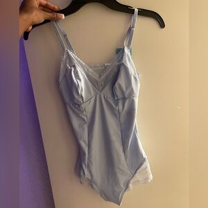 Elegant Light Blue Lace Trim Bodysuit